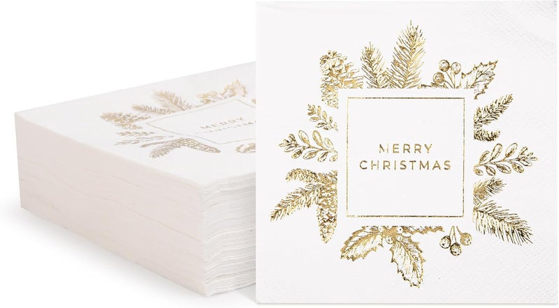 LiveBe 100 Pack of Paper Cocktail Napkins with Gold design，Formal Dinner, Anniversary, Merry Christmas, Guestrooms, Restrooms(5 x 5 in，3-ply) (Gold MC) - Image 1